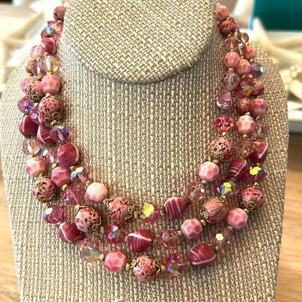 Vintage Vendome Triple Strand Crystal Beaded Necklace Gold Pink